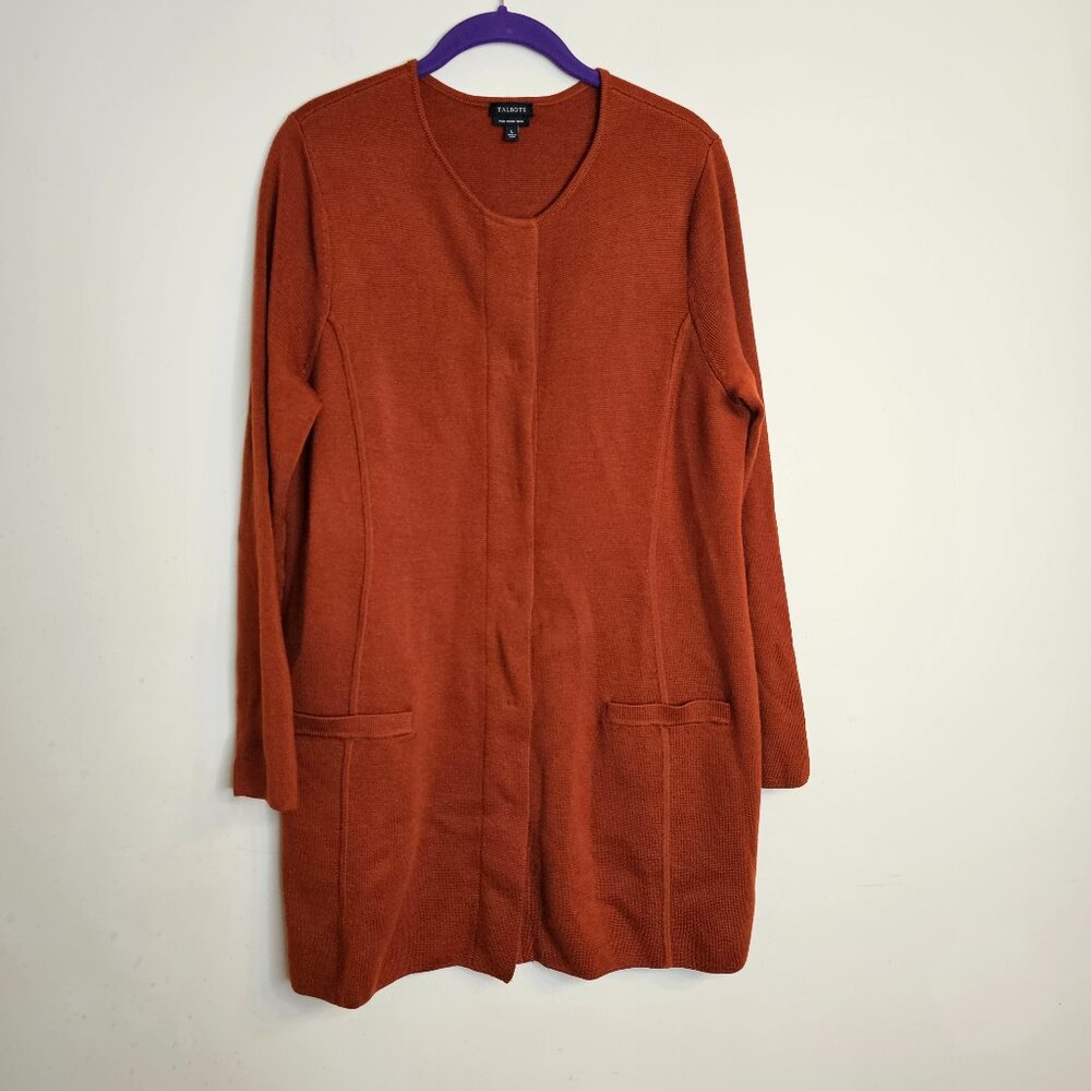 Talbots Burnt Orange Rust Merino Wool Snap Front Duster Cardigan Fall Size‎ L